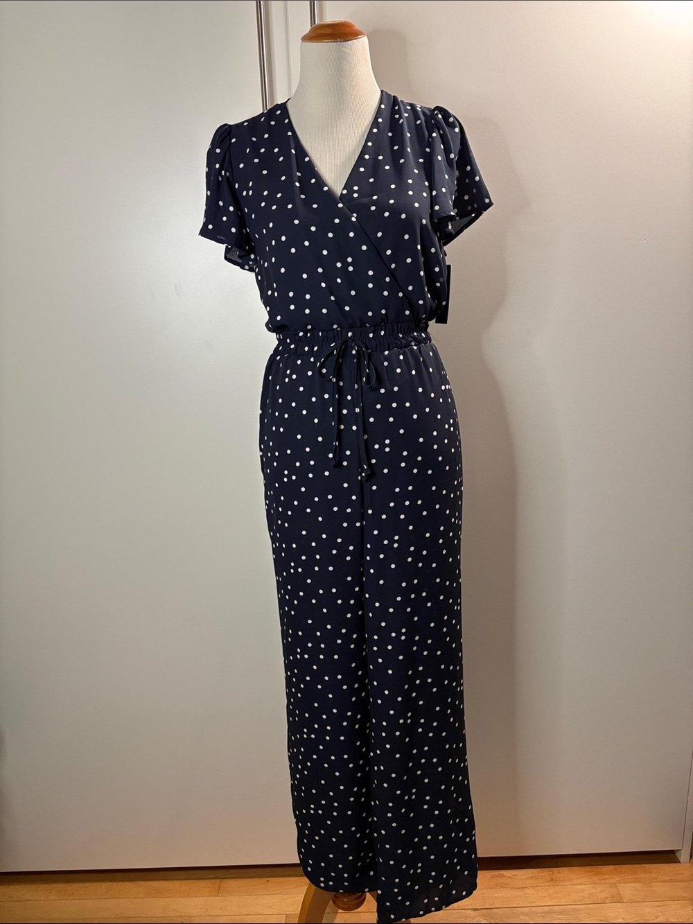 Navy Polka Dot Wrap Jumpsuit with Drawstring Waist S